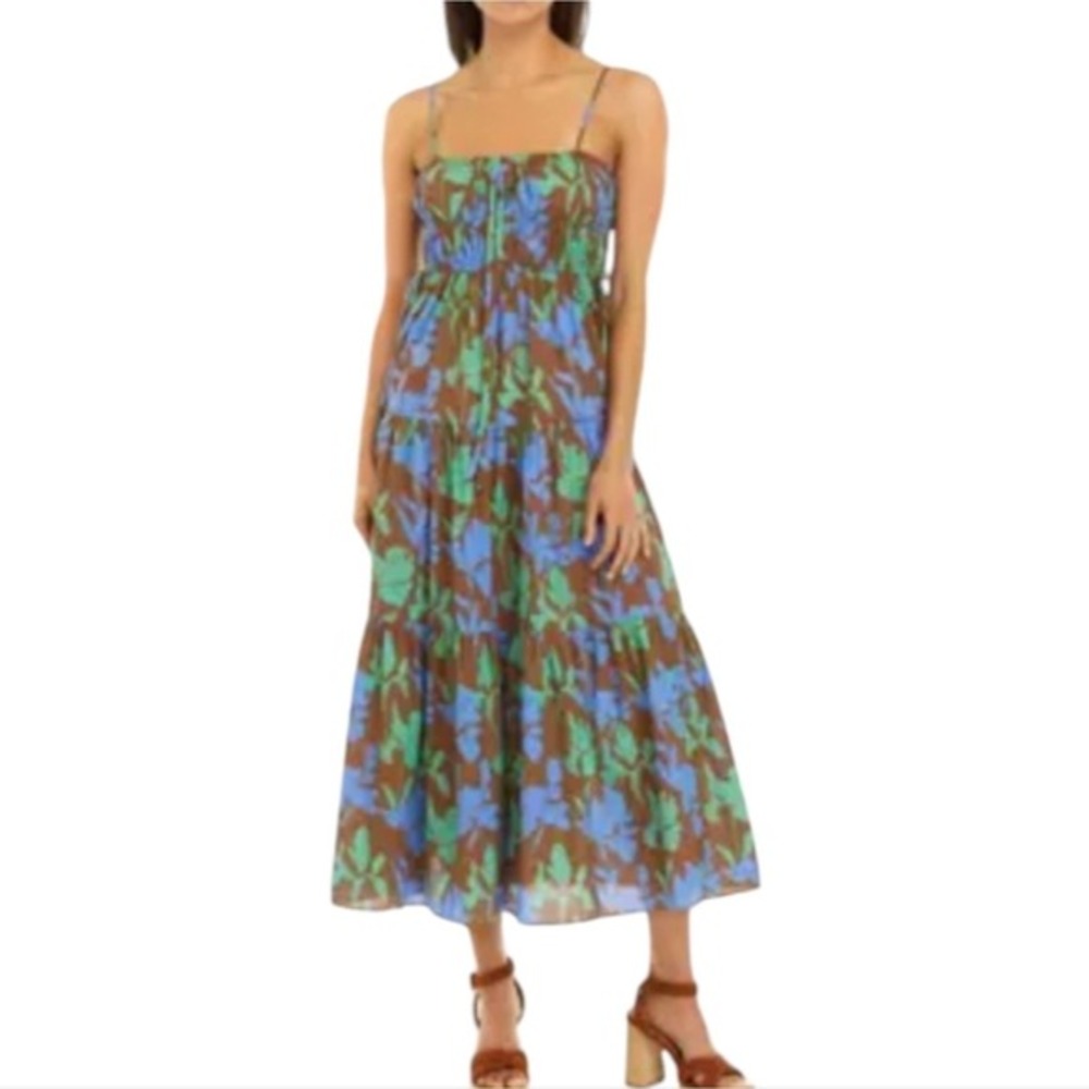 Anthropologie Moon River Brown Blue and Green Lace Up Bodice Floral Midi Dress L